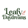 Leafy Daydreams forest-green wordmark with a blush-pink sprig